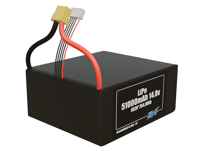 Rendered view of a slim 51000mAh LiPo pack, used in large UAV and defense-grade robotics projects.