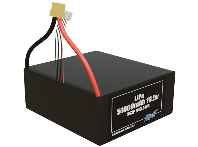 Rendered view of a slim 51000mAh LiPo pack, used in large UAV and defense-grade robotics projects.