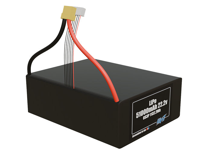 Rendered view of a slim 51000mAh LiPo pack, used in large UAV and defense-grade robotics projects.