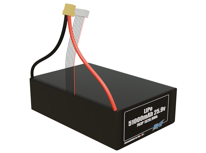 Rendered view of a slim 51000mAh LiPo pack, used in large UAV and defense-grade robotics projects.