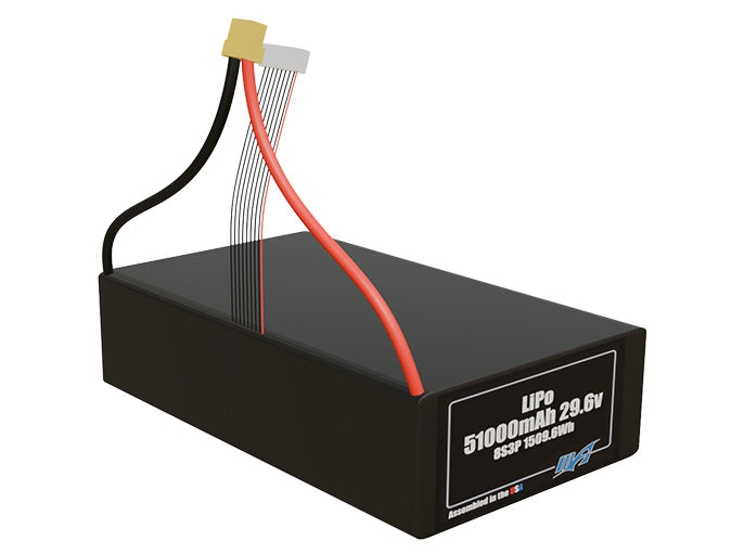 Rendered view of a slim 51000mAh LiPo pack, used in large UAV and defense-grade robotics projects.