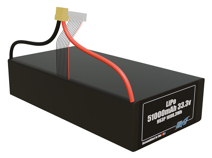 Rendered view of a slim 51000mAh LiPo pack, used in large UAV and defense-grade robotics projects.