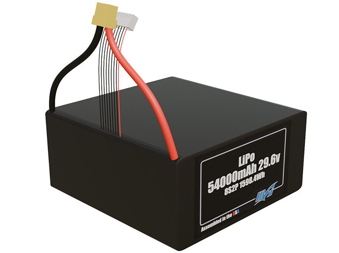 Rendered view of a slim 54000mAh LiPo pack, used in large UAV and defense-grade robotics projects.