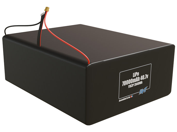 Rendered view of a slim 70000mAh LiPo pack, used in large UAV and defense-grade robotics projects.