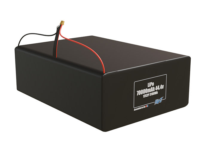 Rendered view of a slim 70000mAh LiPo pack, used in large UAV and defense-grade robotics projects.