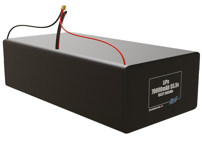 Rendered view of a slim 70000mAh LiPo pack, used in large UAV and defense-grade robotics projects.