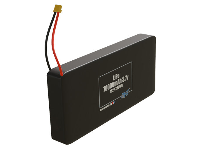 Rendered view of a slim 70000mAh LiPo pack, used in large UAV and defense-grade robotics projects.