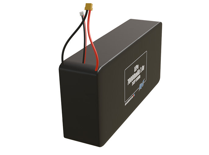 Rendered view of a slim 70000mAh LiPo pack, used in large UAV and defense-grade robotics projects.