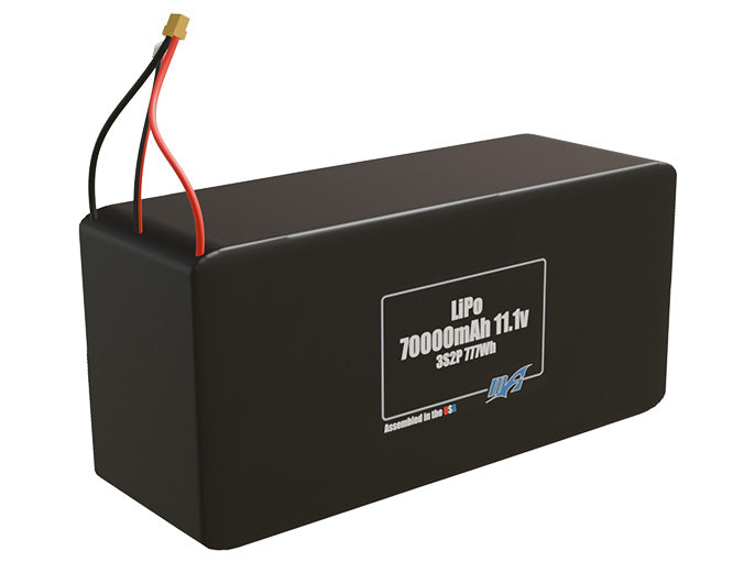 Rendered view of a slim 70000mAh LiPo pack, used in large UAV and defense-grade robotics projects.