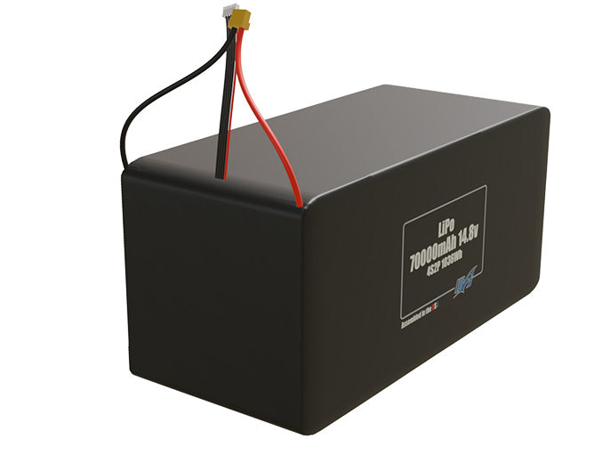 Rendered view of a slim 70000mAh LiPo pack, used in large UAV and defense-grade robotics projects.