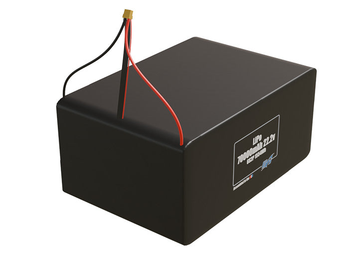 Rendered view of a slim 70000mAh LiPo pack, used in large UAV and defense-grade robotics projects.