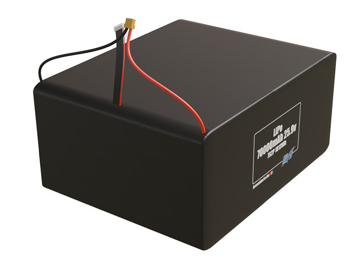 Rendered view of a slim 70000mAh LiPo pack, used in large UAV and defense-grade robotics projects.