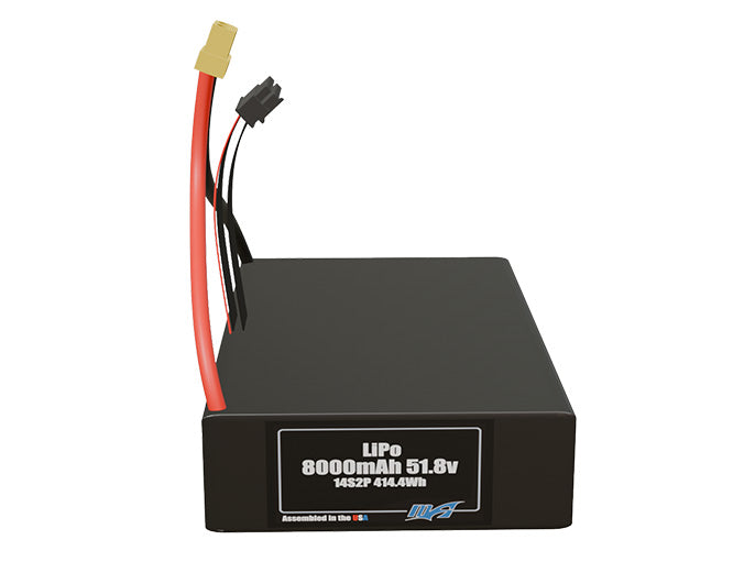 Front-facing render of the 51.8V 8000mAh 14S2P LiPo battery, assembled in the USA by maxamps, for drone and robotics applications.