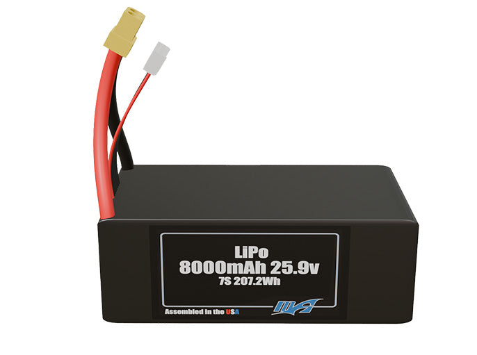 Front-facing render of the 25.9V 8000mAh lite 7S LiPo battery, assembled in the USA by maxamps, for drone and robotics applications.