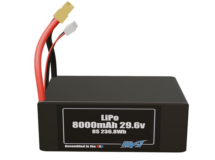 Front-facing render of the 29.6V 8000mAh lite 8S LiPo battery, assembled in the USA by maxamps, for drone and robotics applications.