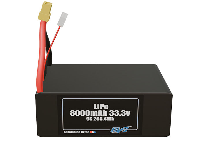 Front-facing render of the 33.3V 8000mAh lite 9S LiPo battery, assembled in the USA by maxamps, for drone and robotics applications.