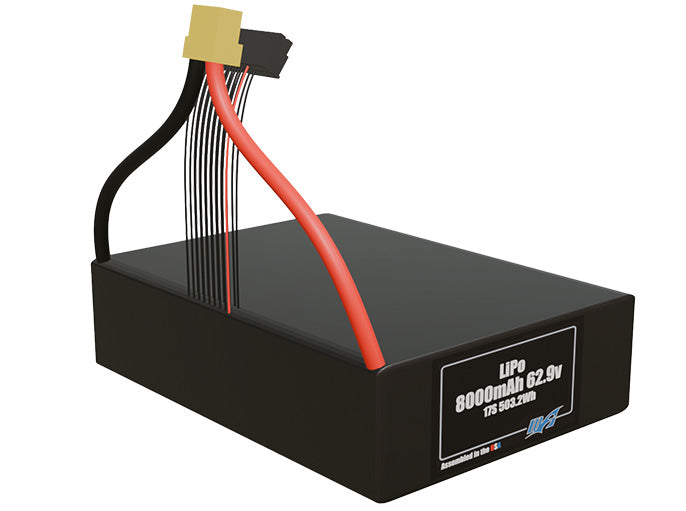 Rendered view of a slim 8000mAh Lithium-polymer pack, used in UAV and defense-grade robotics projects.