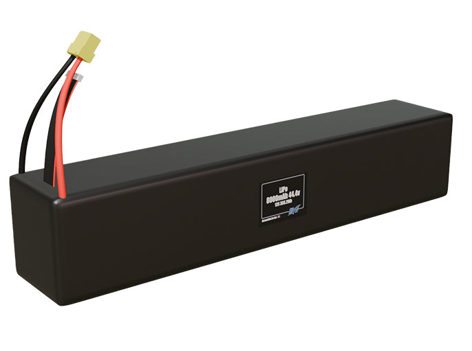 Rendered view of a slim 8000mAh Lite end to end LiPo pack, used in large UAV and defense-grade robotics projects.