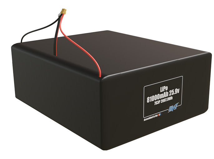 Rendered view of a slim 81000mAh LiPo pack, used in large UAV and defense-grade robotics projects.
