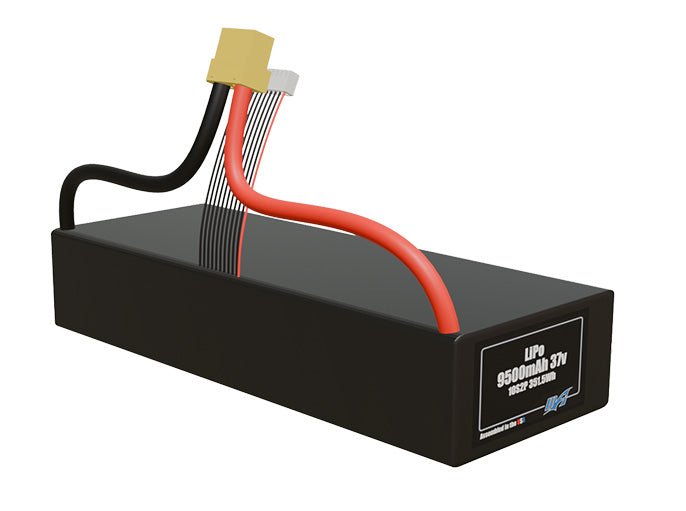 Rendered view of a slim 9500mAh LiPo pack, used in UAV and defense-grade robotics projects.