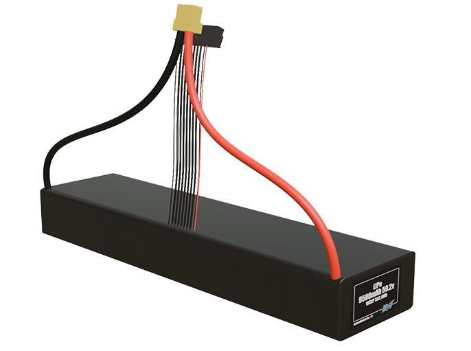Rendered view of a slim 9500mAh LiPo pack, used in UAV and defense-grade robotics projects.