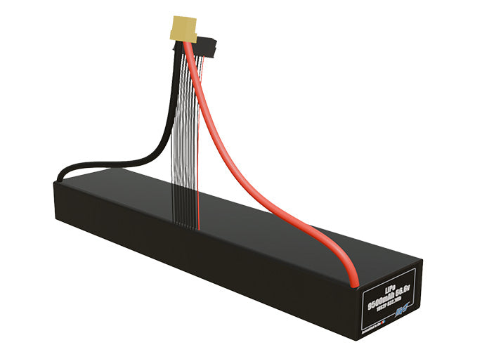 Rendered view of a slim 9500mAh LiPo pack, used in UAV and defense-grade robotics projects.