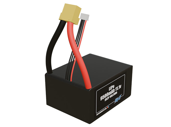 Rendered view of a slim 9500mAh LiPo pack, used in UAV and defense-grade robotics projects.