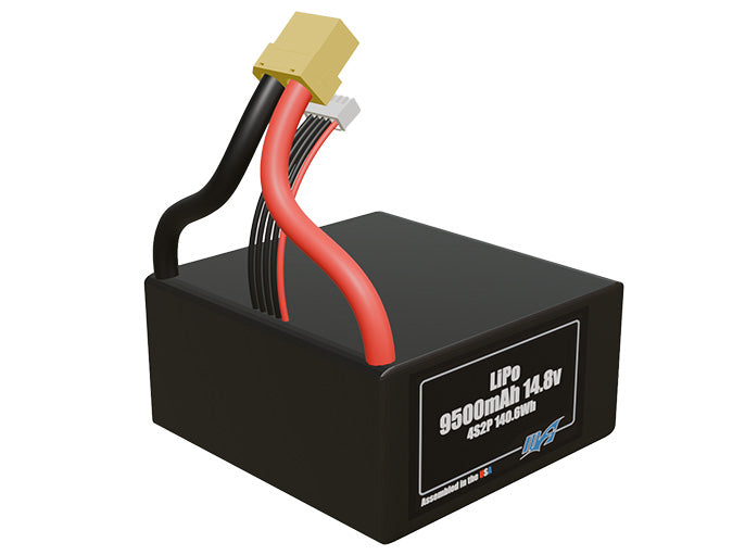 Rendered view of a slim 9500mAh LiPo pack, used in UAV and defense-grade robotics projects.