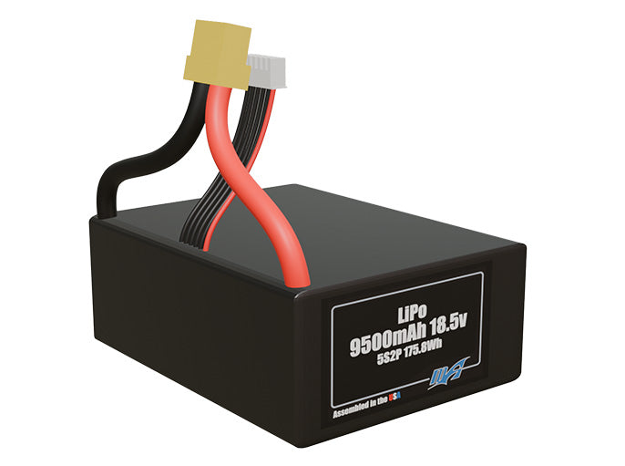 Rendered view of a slim 9500mAh LiPo pack, used in UAV and defense-grade robotics projects.