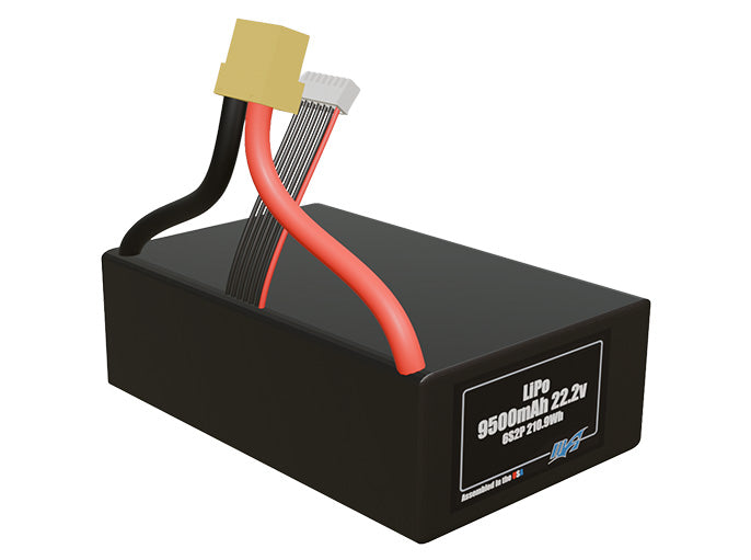 Rendered view of a slim 9500mAh LiPo pack, used in UAV and defense-grade robotics projects.