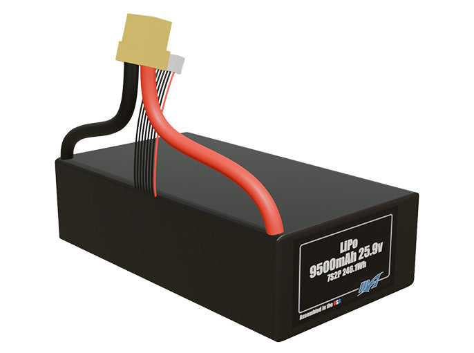 Rendered view of a slim 9500mAh LiPo pack, used in UAV and defense-grade robotics projects.