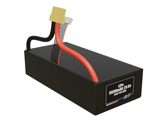 Rendered view of a slim 9500mAh LiPo pack, used in UAV and defense-grade robotics projects.
