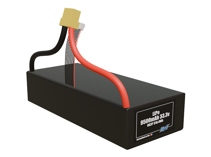 Rendered view of a slim 9500mAh LiPo pack, used in UAV and defense-grade robotics projects.