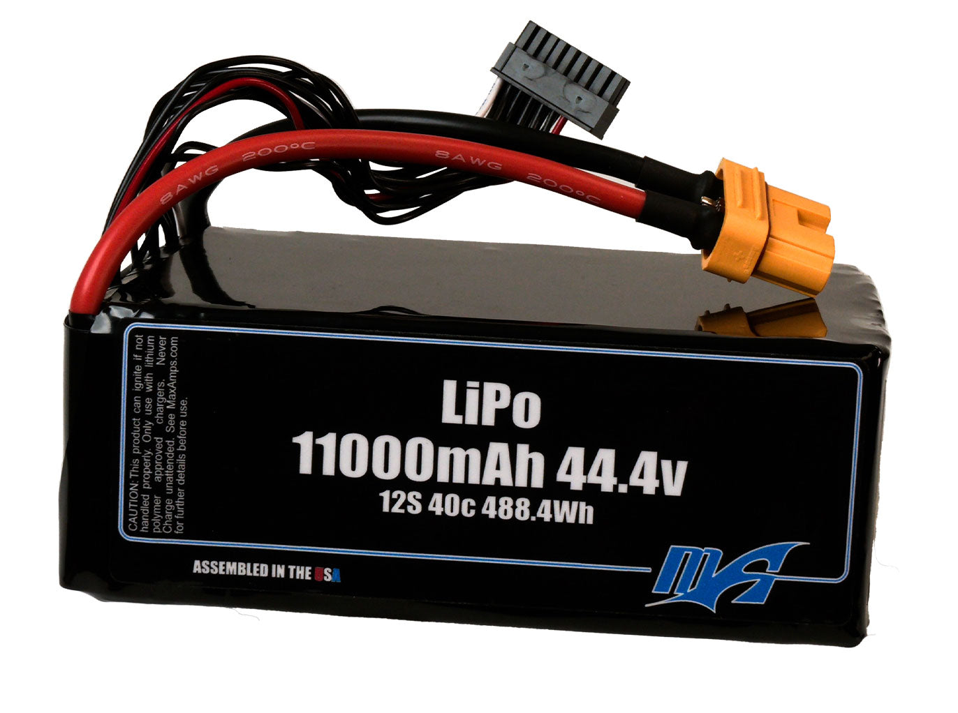 A MaxAmps LiPo 11000mAh 12S 44.4 volt battery pack with AS150U connector