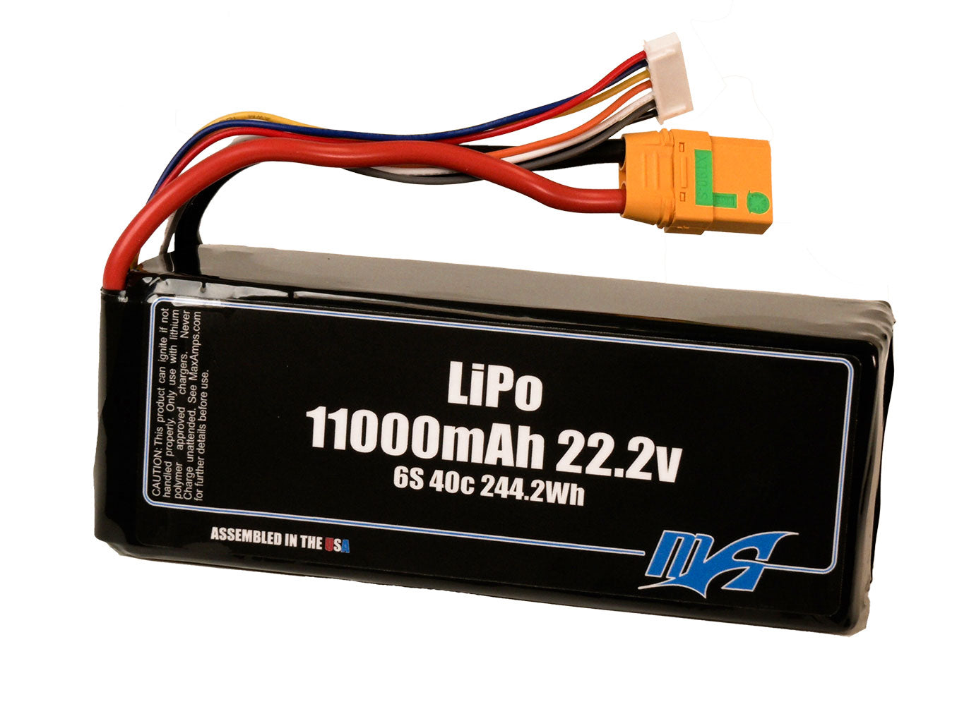 A MaxAmps LiPo 11000mAh 6S 22.2 volt battery pack with XT90 anti spark connector