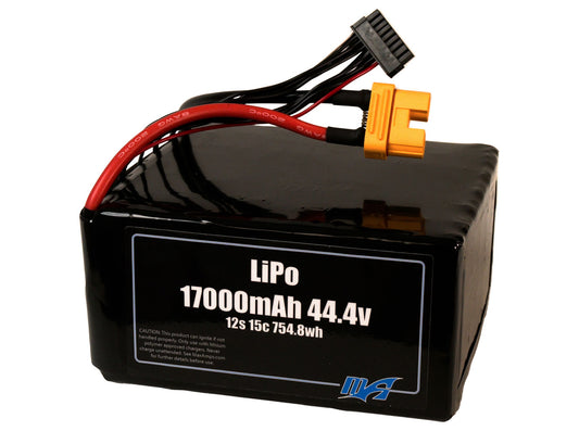 A MaxAmps LiPo 17000mAh 12S 44.4 volt battery pack with XT90 Anti Spark Connector