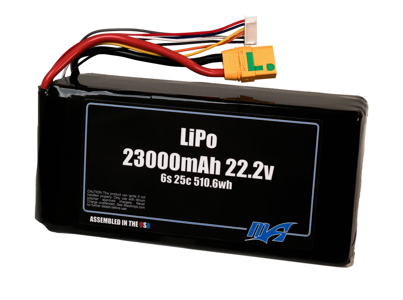 A MaxAmps LiPo 23000mAh 6S 22.2 volt battery pack with XT90 Anti Spark Connector