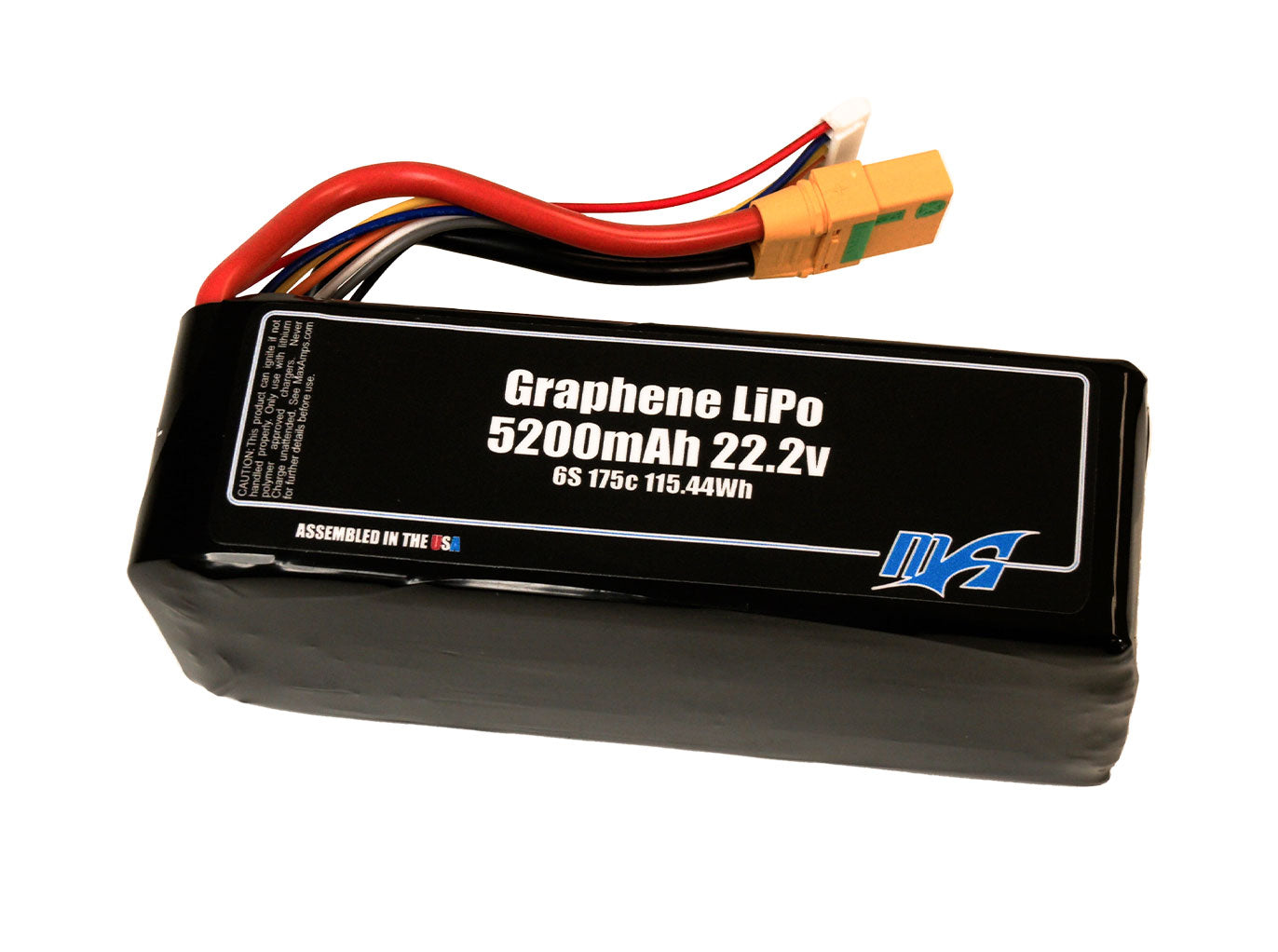 A MaxAmps Graphene LiPo 5200mAh 6S 22.2 volt battery pack with XT90 anti-spark female