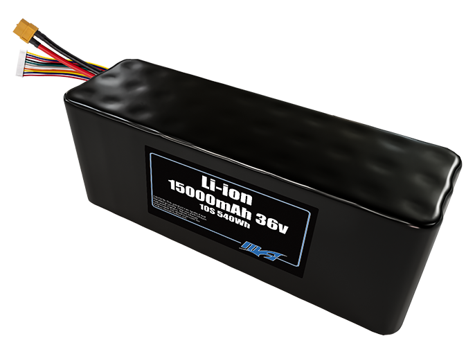 Compact 36-volt 15000mAh lithium-ion battery, built for lightweight drone, UAV, and robotics projects.