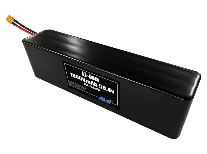 Compact 50.4-volt 15000mAh lithium-ion battery, built for lightweight drone, UAV, and robotics projects.