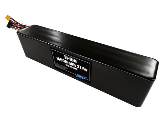 Compact 57.6-volt 15000mAh lithium-ion battery, built for lightweight drone, UAV, and robotics projects.
