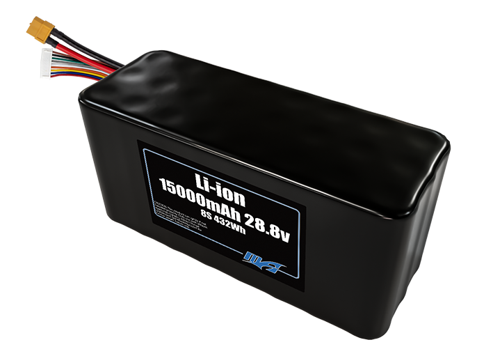 Compact 28.8-volt 15000mAh lithium-ion battery, built for lightweight drone, UAV, and robotics projects.