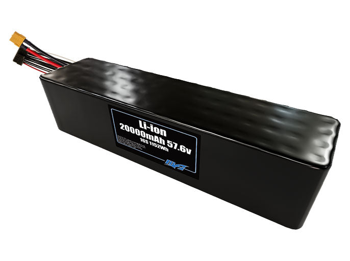 Compact 57.6-volt 20000mAh lithium-ion battery, built for lightweight drone, UAV, and robotics projects.