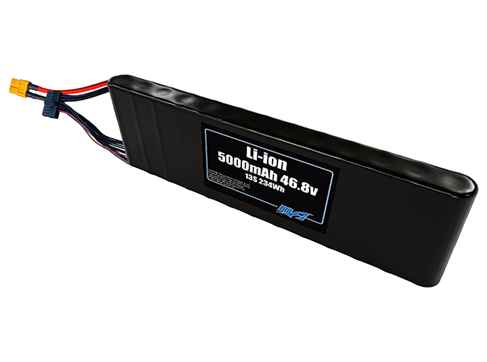 Compact 46.8-volt 5000mAh lithium-ion battery, built for lightweight drone, UAV, and robotics projects.